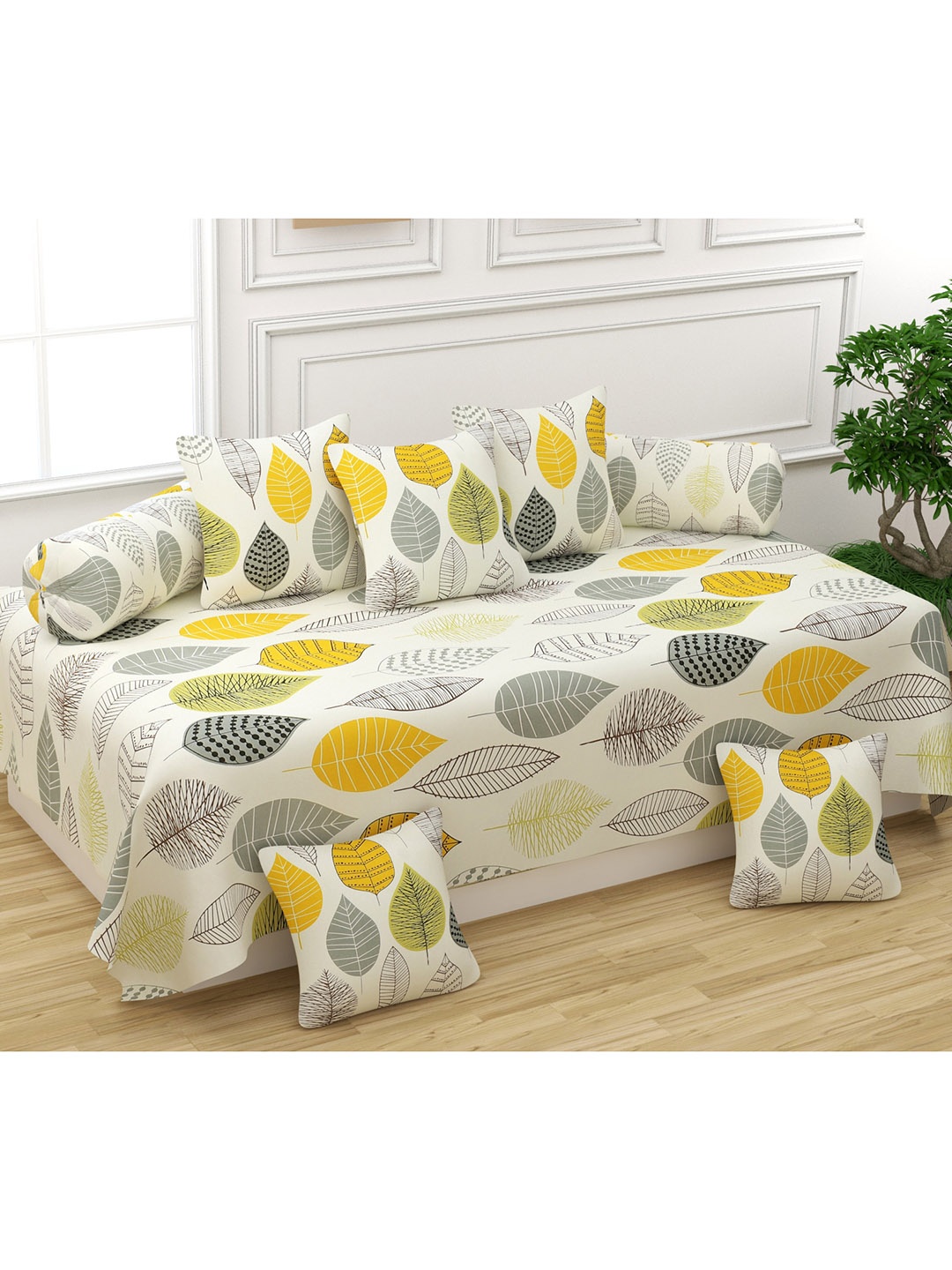 

Bajo's Set of 8 White & Yellow Printed Cotton Diwan Set