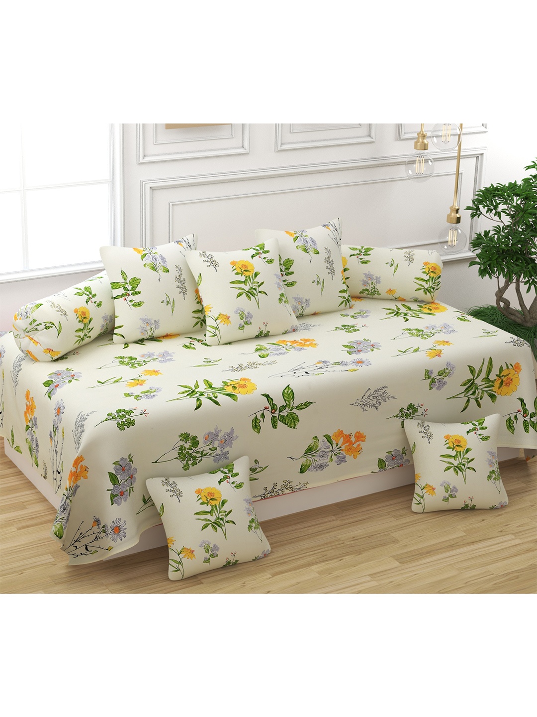 

Bajo's Set of 8 Floral Print Diwan Set, Cream