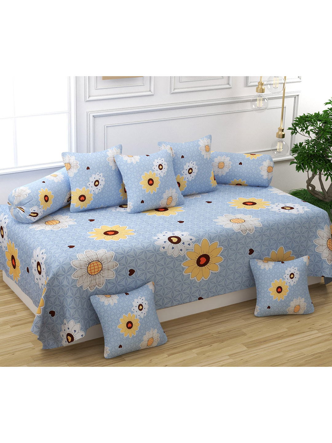 

Bajo's Set of 8 Blue & Yellow Floral Printed Diwan Set
