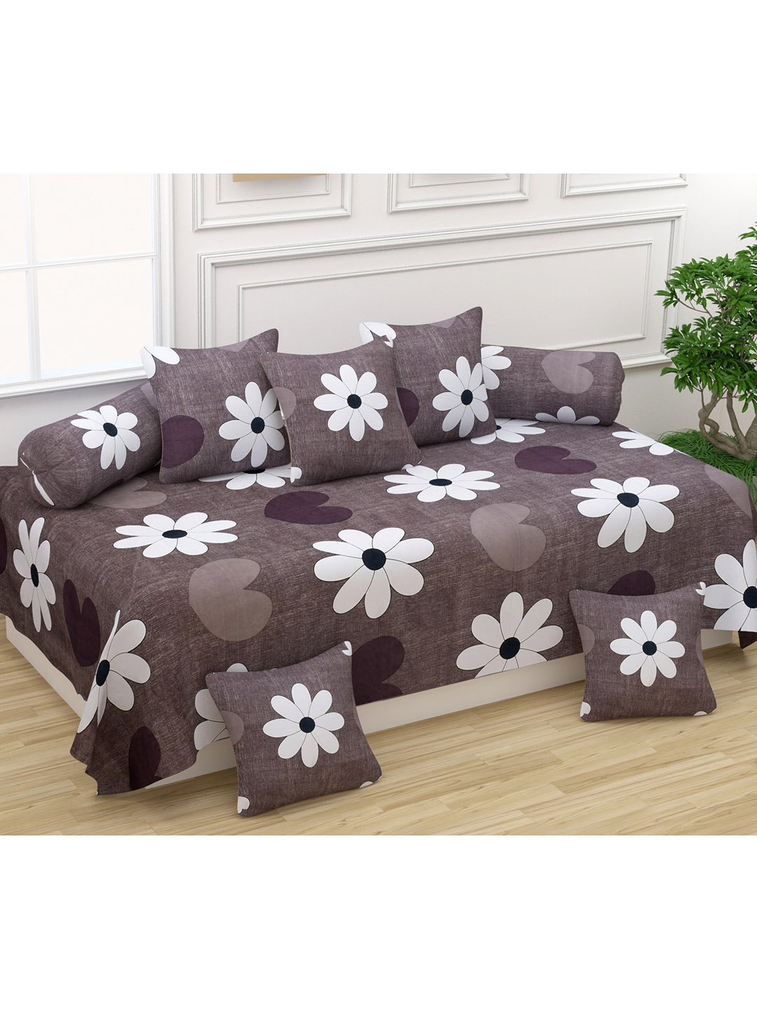 

Bajo's Set of 8 Grey & White Floral Printed Glace Cotton Diwan Set