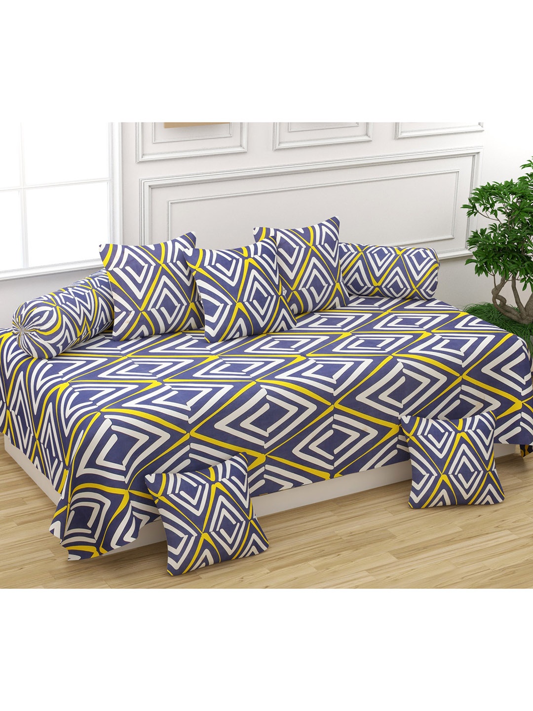 

Bajo's Set of 8 Blue & White Geometric Printed Diwan Set