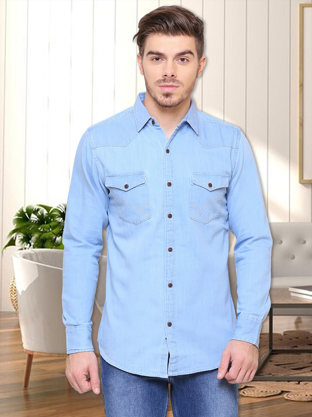 

Kuons Avenue Men Blue Cotton Smart Slim Fit Casual Shirt