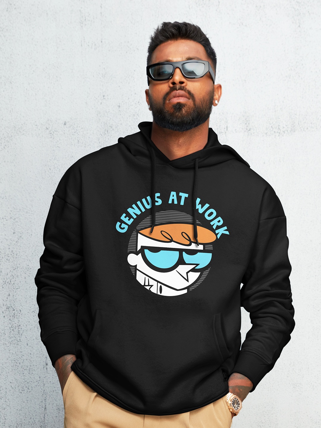 

The Souled Store Men Cotton Dexter Genius At Work Print Oversized Hooded Sweatshirt, Black