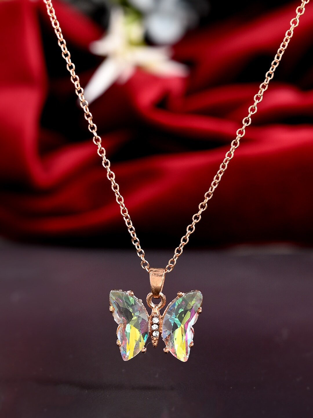 

AQUASTREET Gold-Plated White Artificial Stones Studded Butterfly Pendant With Chain