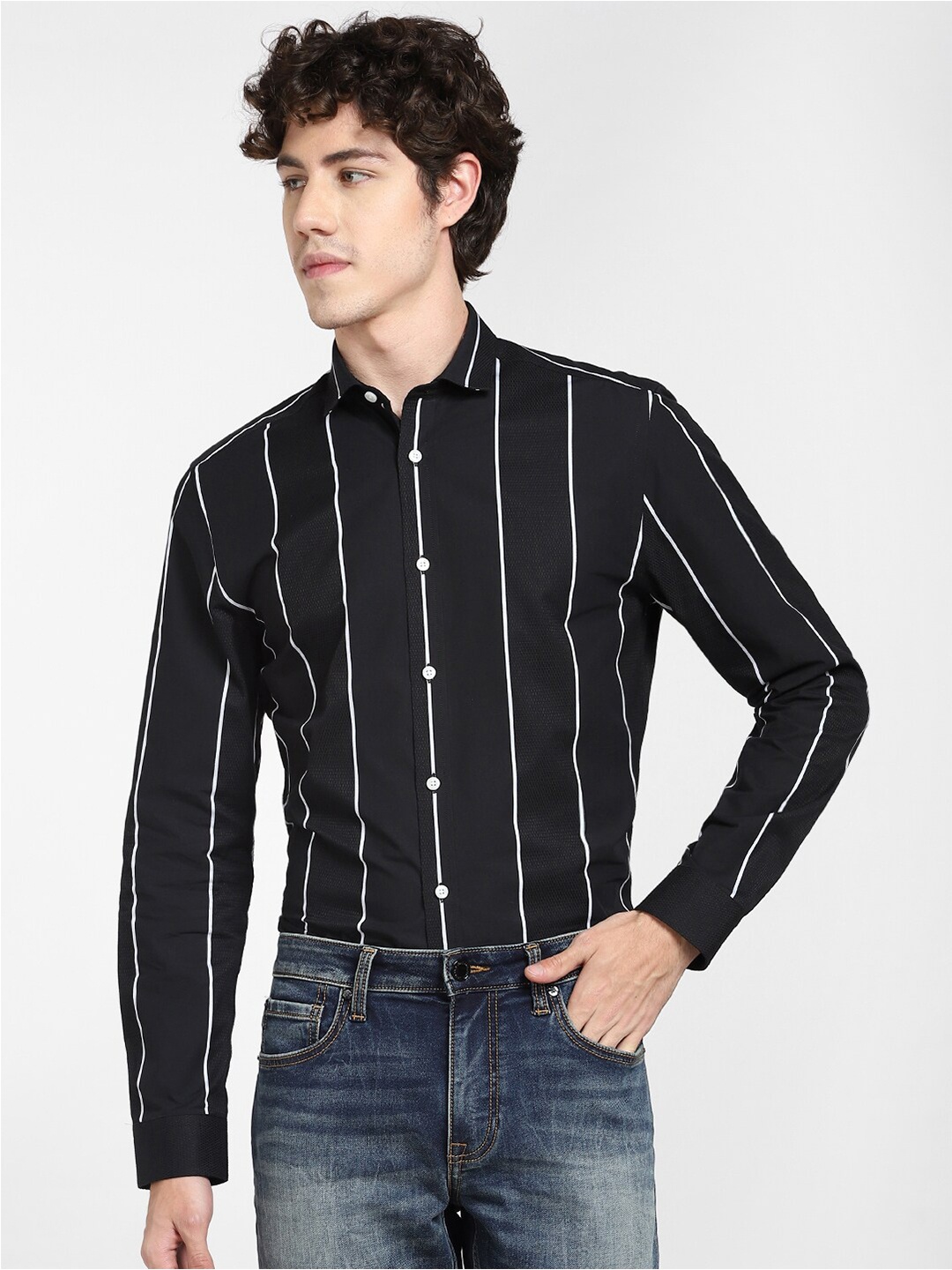 

Jack & Jones Men Black Slim Fit Vertical Striped Cotton Casual Shirt