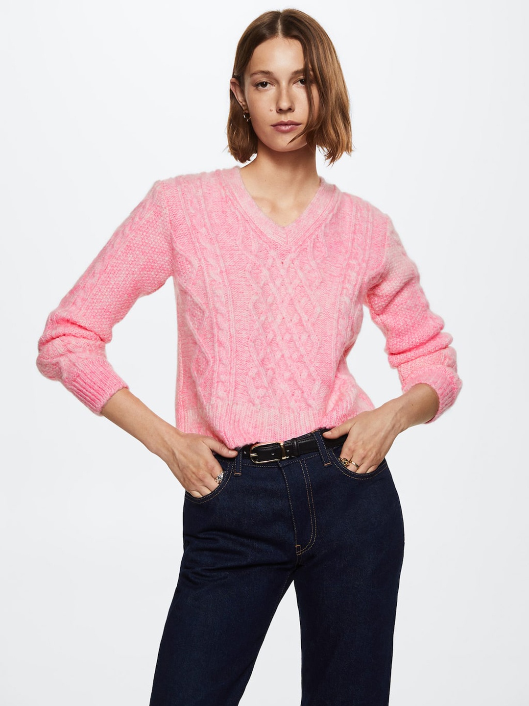 

MANGO Women Pink Cable Knit Pullover