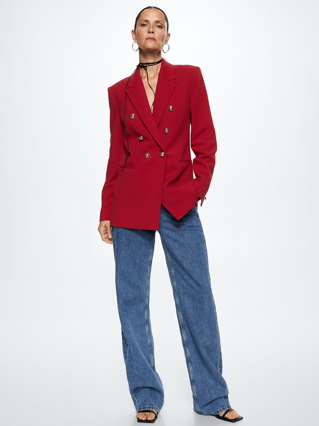 

MANGO Women Red Solid Double-Breasted Sustainable Blazer