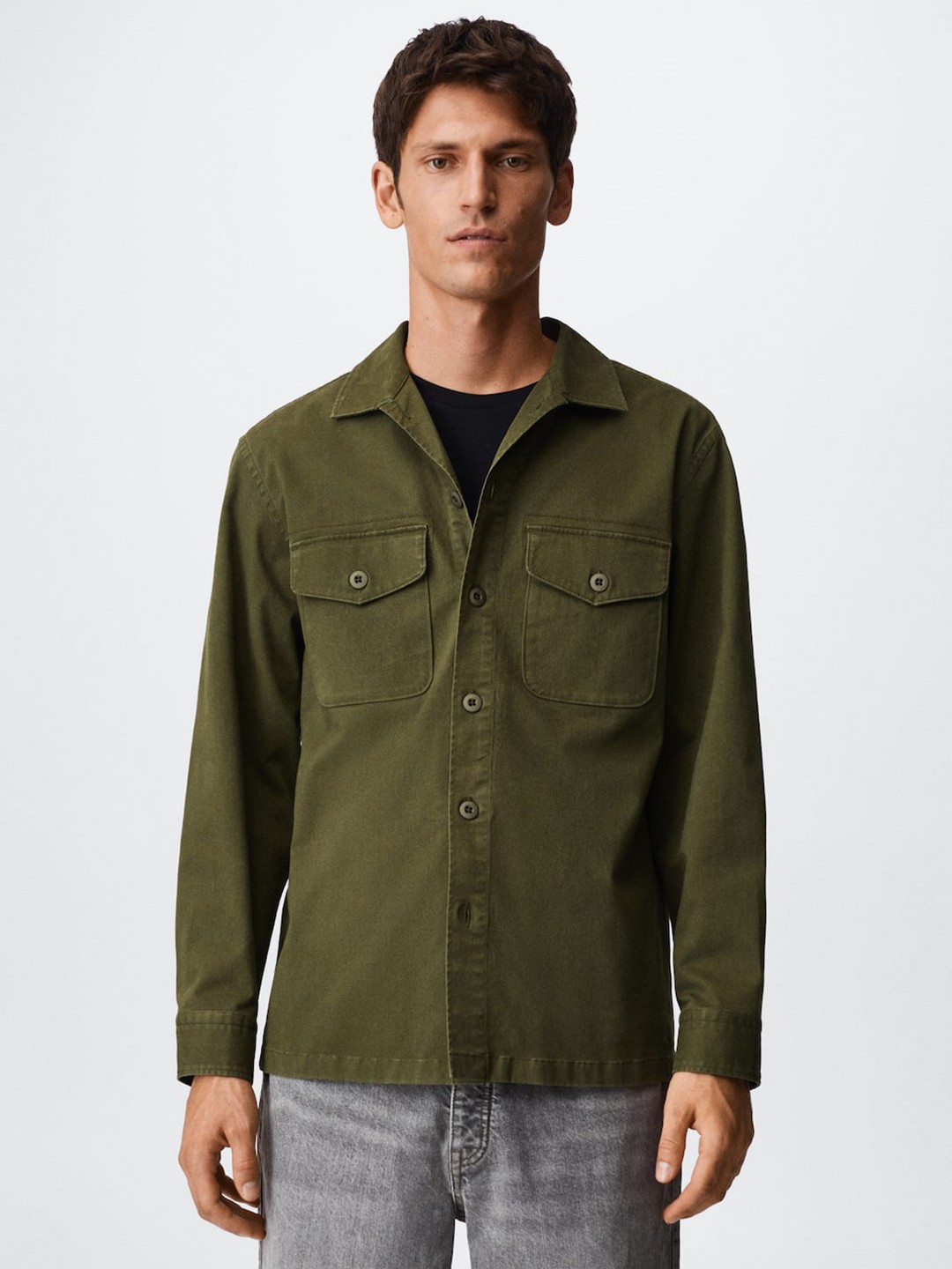 

MANGO MAN Men Olive Green Spread Collar Casual Shirt