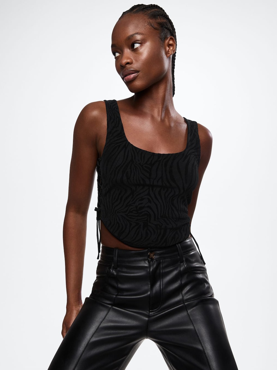 

MANGO Black Abstract Printed Lace-Up Fitted Top