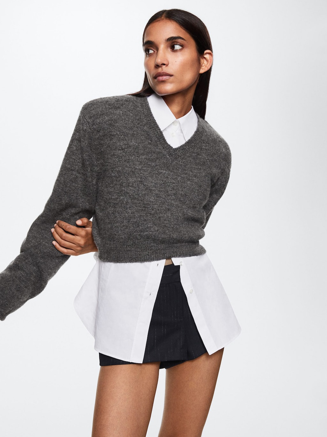 

MANGO Women Charcoal Grey Solid Sweater