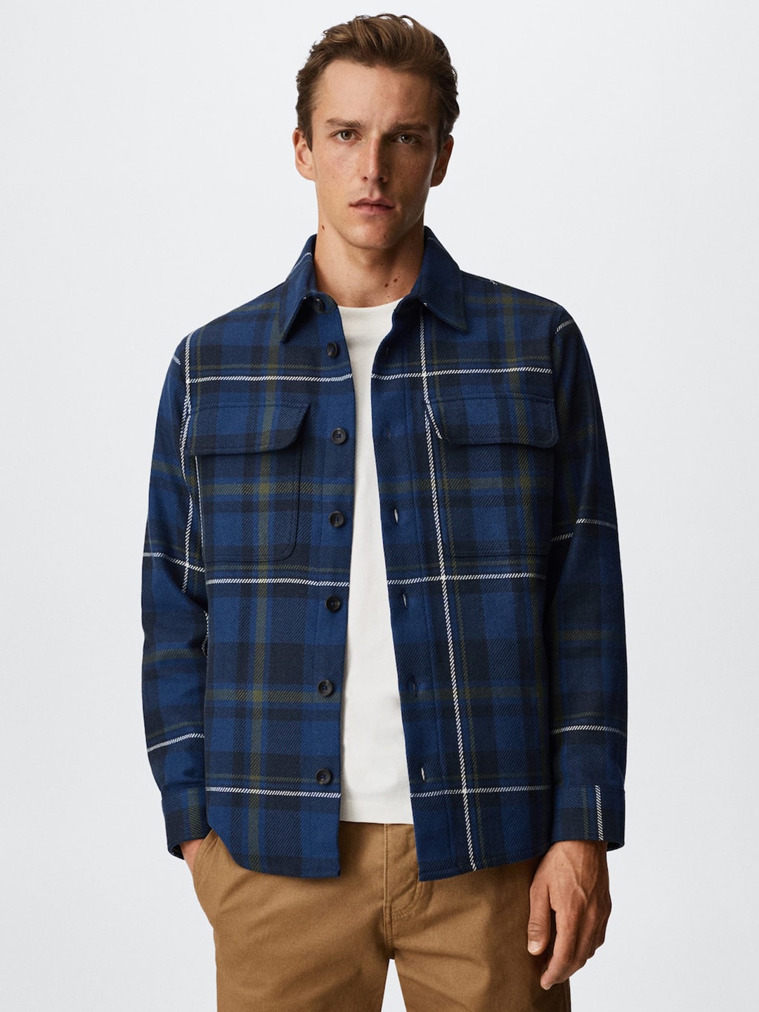 

MANGO MAN Men Navy Blue Pure Cotton Tartan Checks Sustainable Casual Shacket