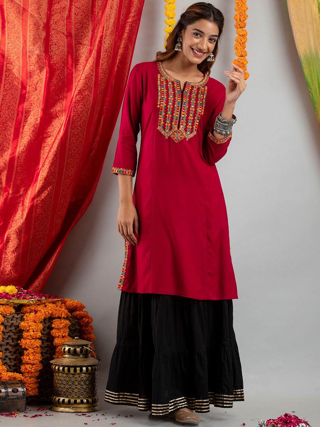 

SUTI Women Red Embroidered Mirror Work Kurta with Skirt