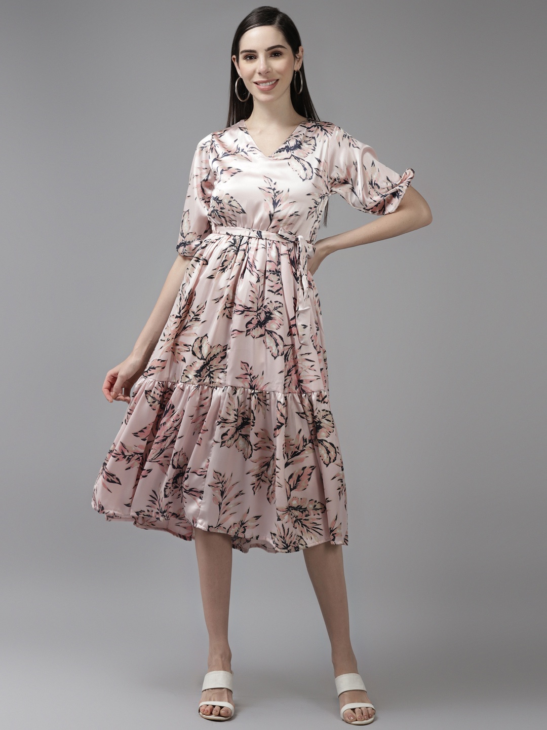 

Aarika Pink Floral Georgette Midi Dress