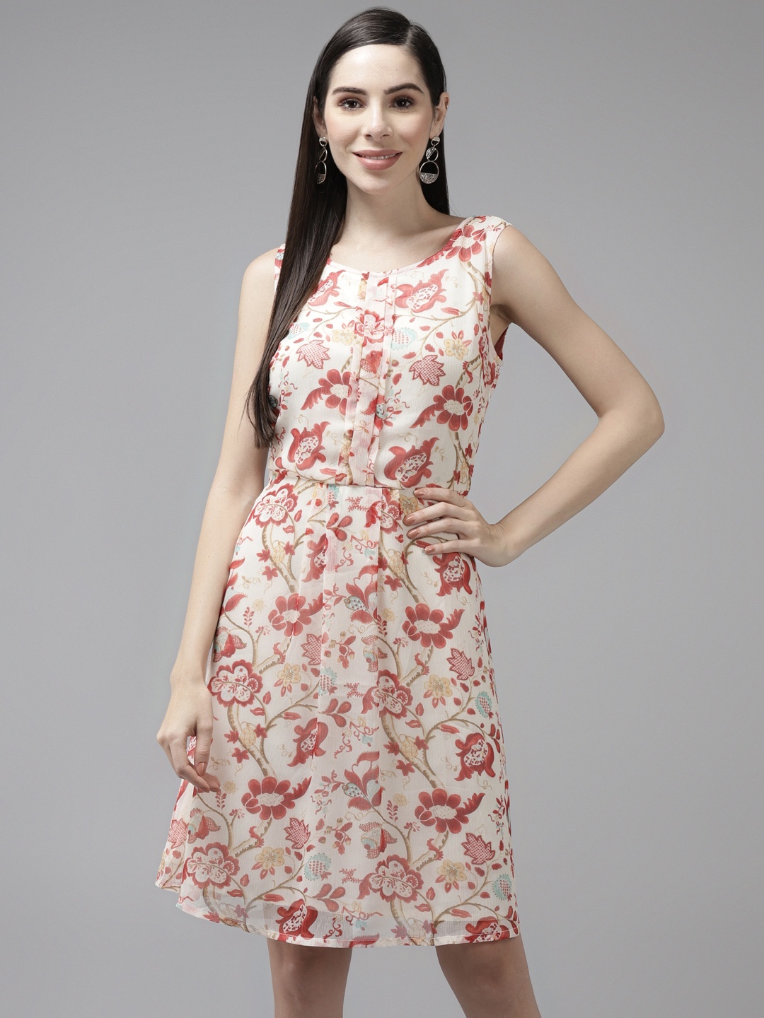 

Aarika Beige Floral Georgette A-Line Dress