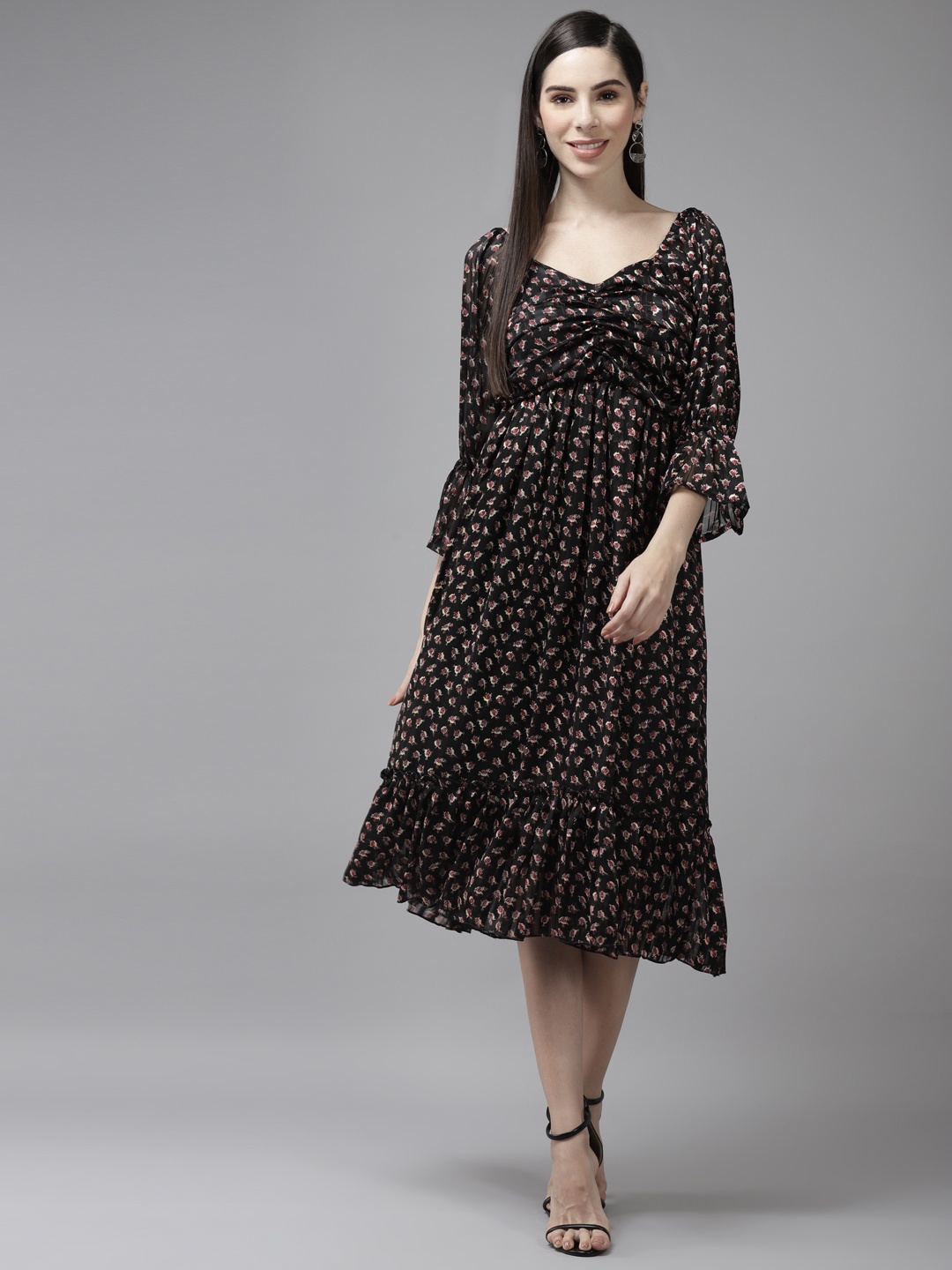 

Aarika Black Floral Georgette Midi Dress