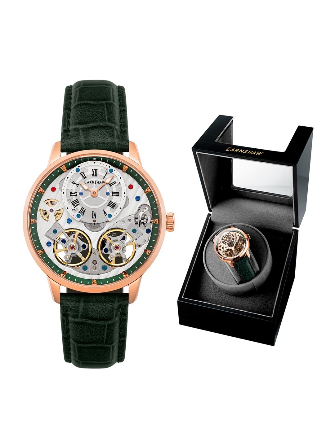 

EARNSHAW Men Green Dial & Green Leather Straps Analogue Automatic Motion Powered Watch