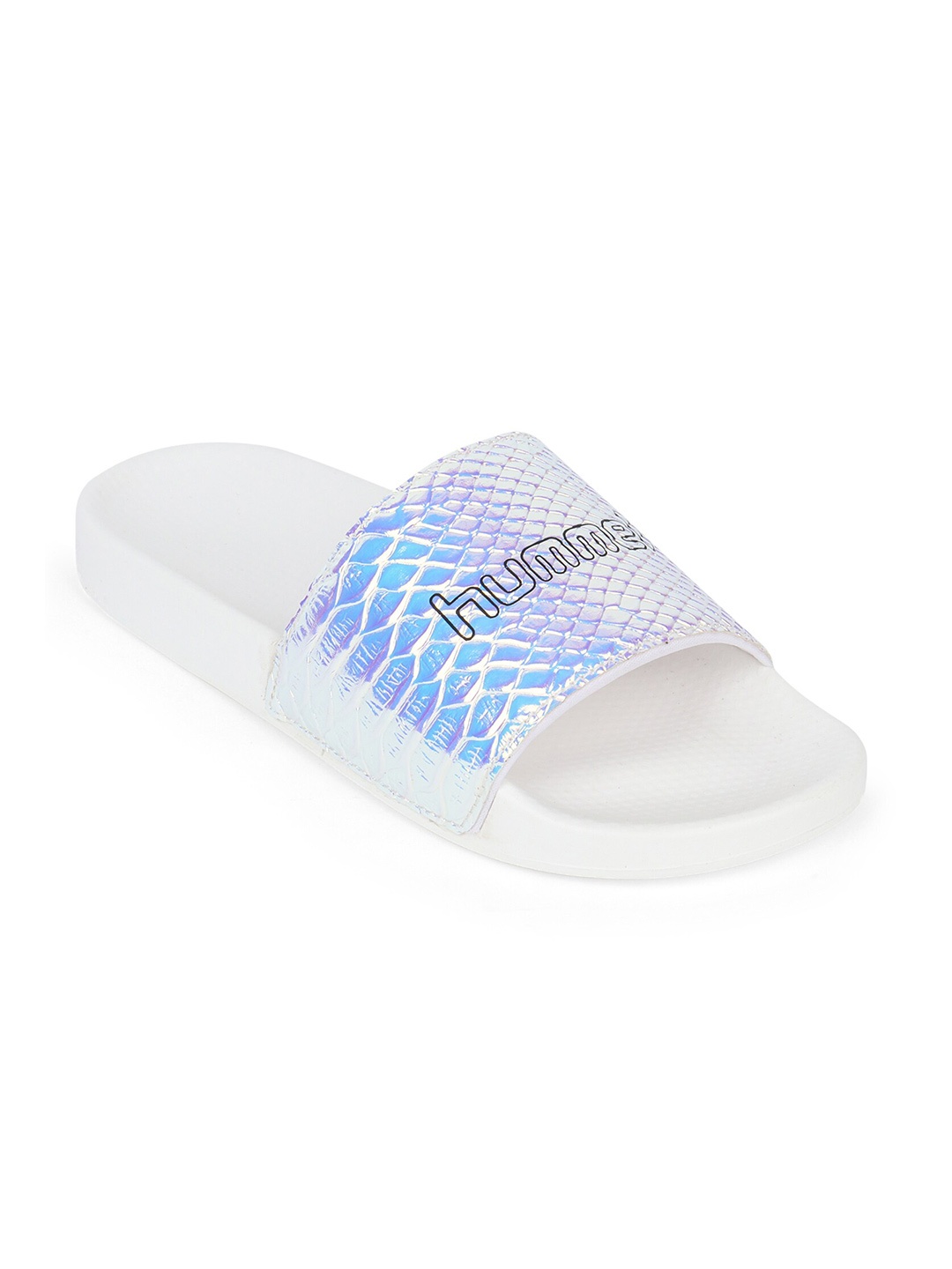 

hummel Women White & Blue Printed Sliders