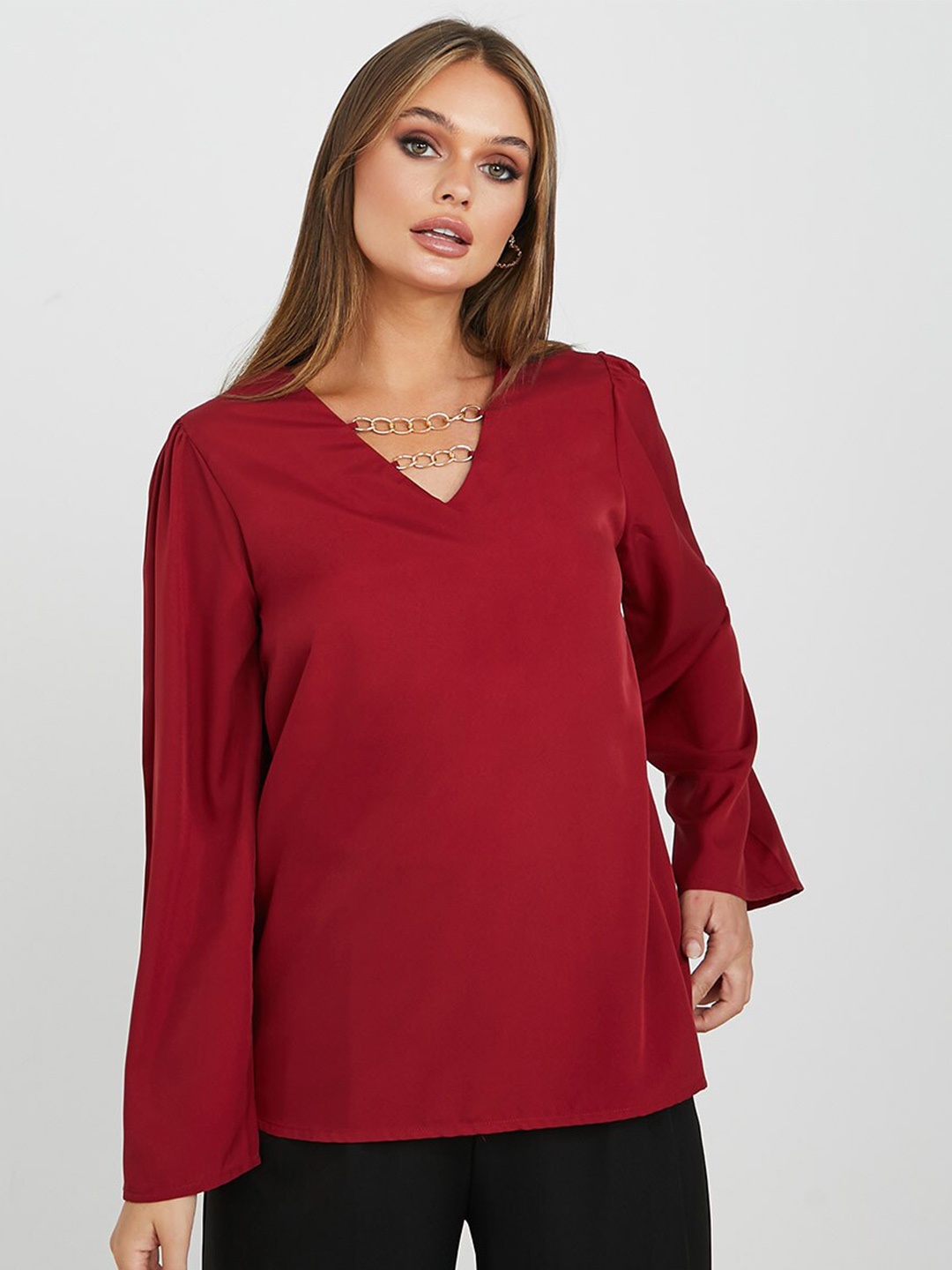 

Styli Flare Sleeve Chain Detail Longline Blouse, Burgundy