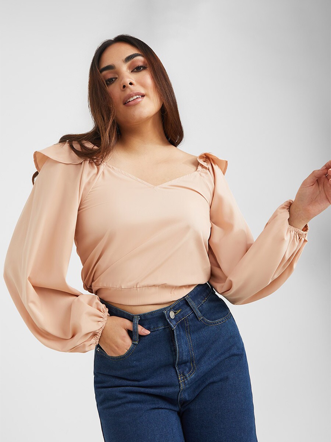 

Styli V-Neck Balloon Sleeves Blouse with Frill Shoulder Detail, Beige