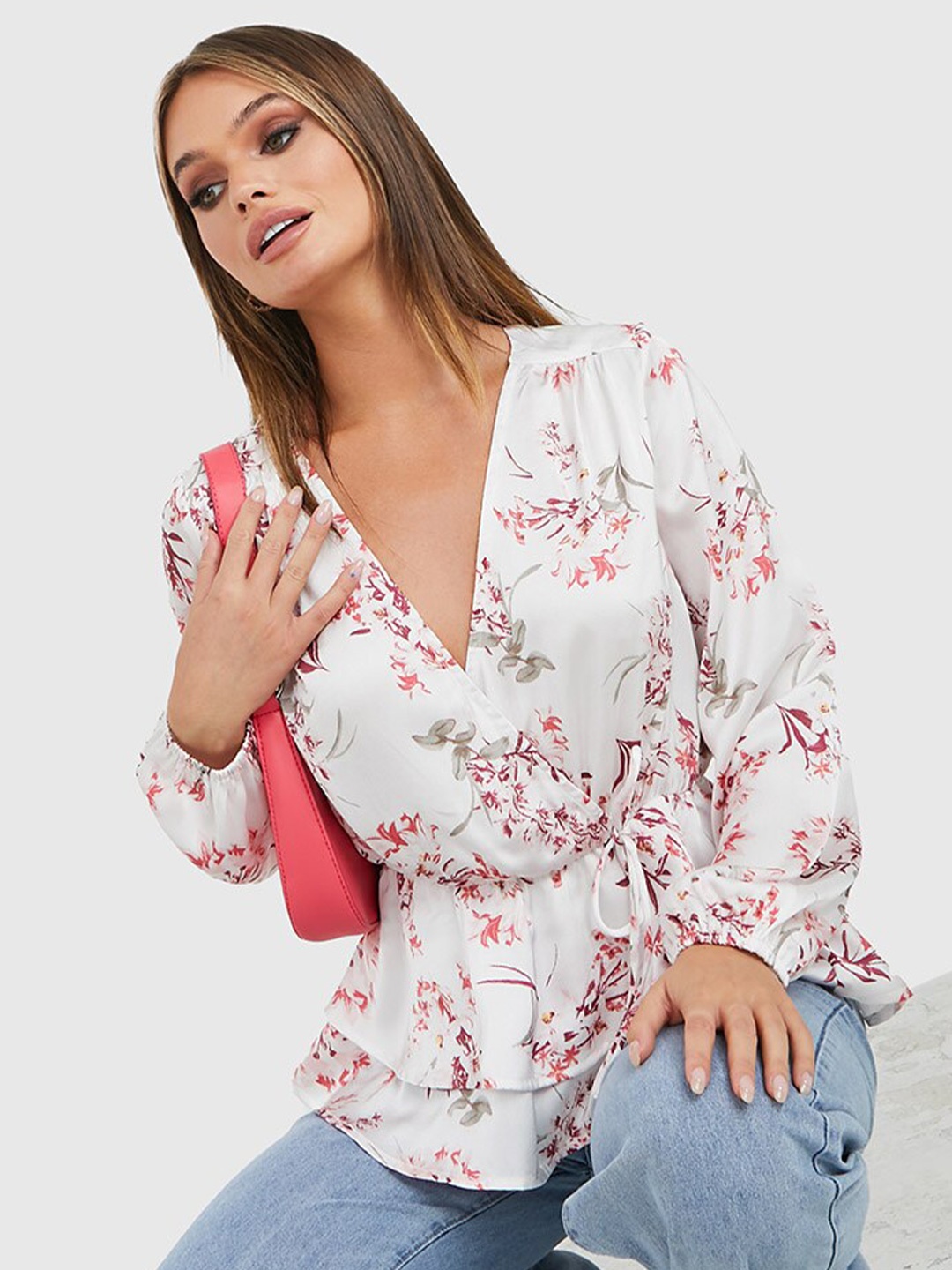 

Styli Women Long Sleeves V Neck Satin Floral Print Regular Fit Wrap Top, White