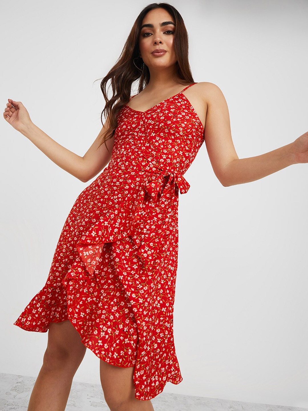 

Styli Red Ditsy Floral Print V-Neck Strappy Wrap Knee Length Dress