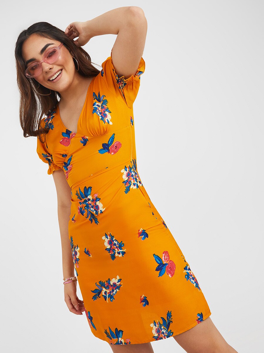 

Styli Short Puff Sleeves V Neck Floral Print Mini Dress, Orange