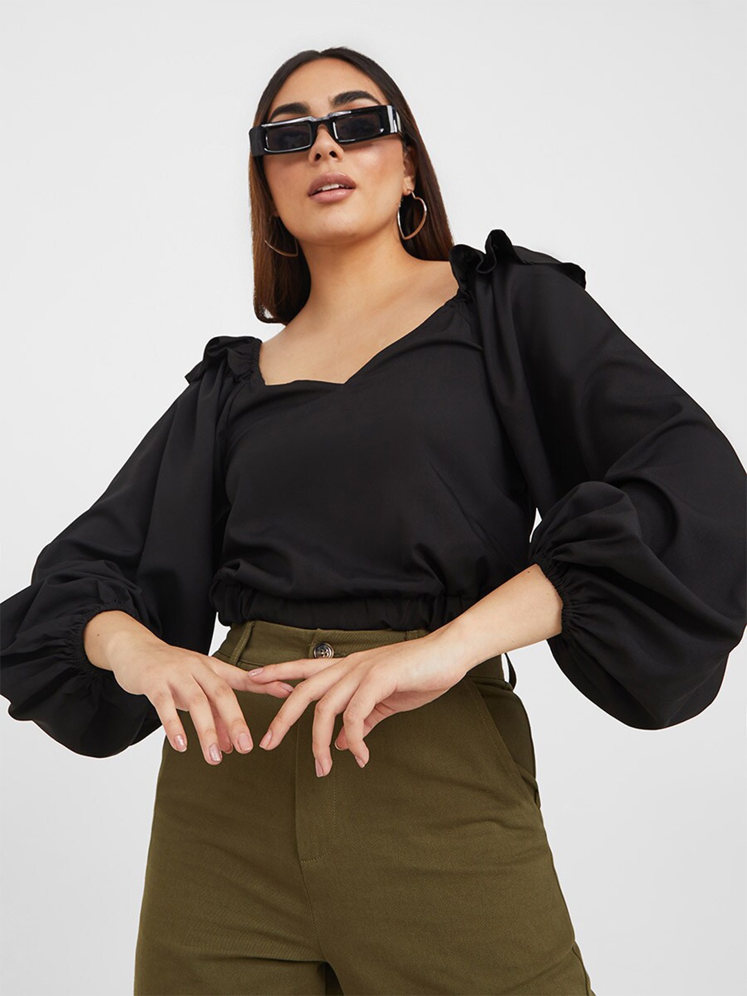 

Styli Balloon Sleeves V Neck Blouse with Frill Shoulder Detail, Black