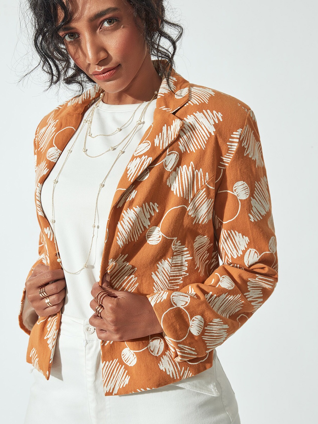 

The Label Life Women Rust Colored Printed Front Open Cotton Blazers