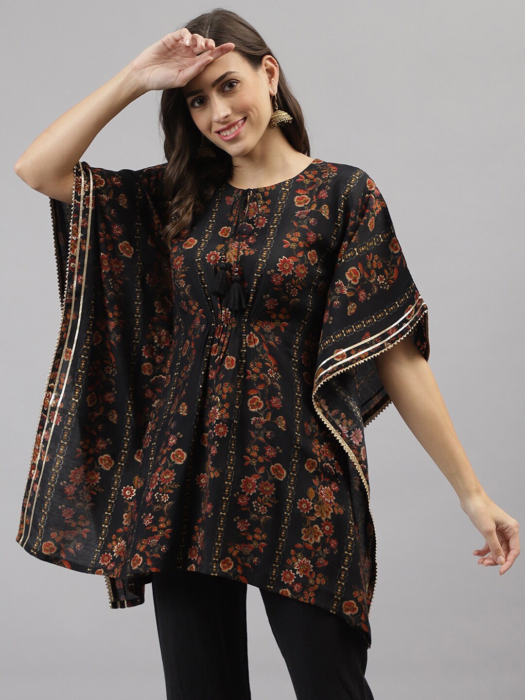 

TANKHI Black & Brown Floral Printed Gotta Patti Gotta Patti Kaftan Kurti