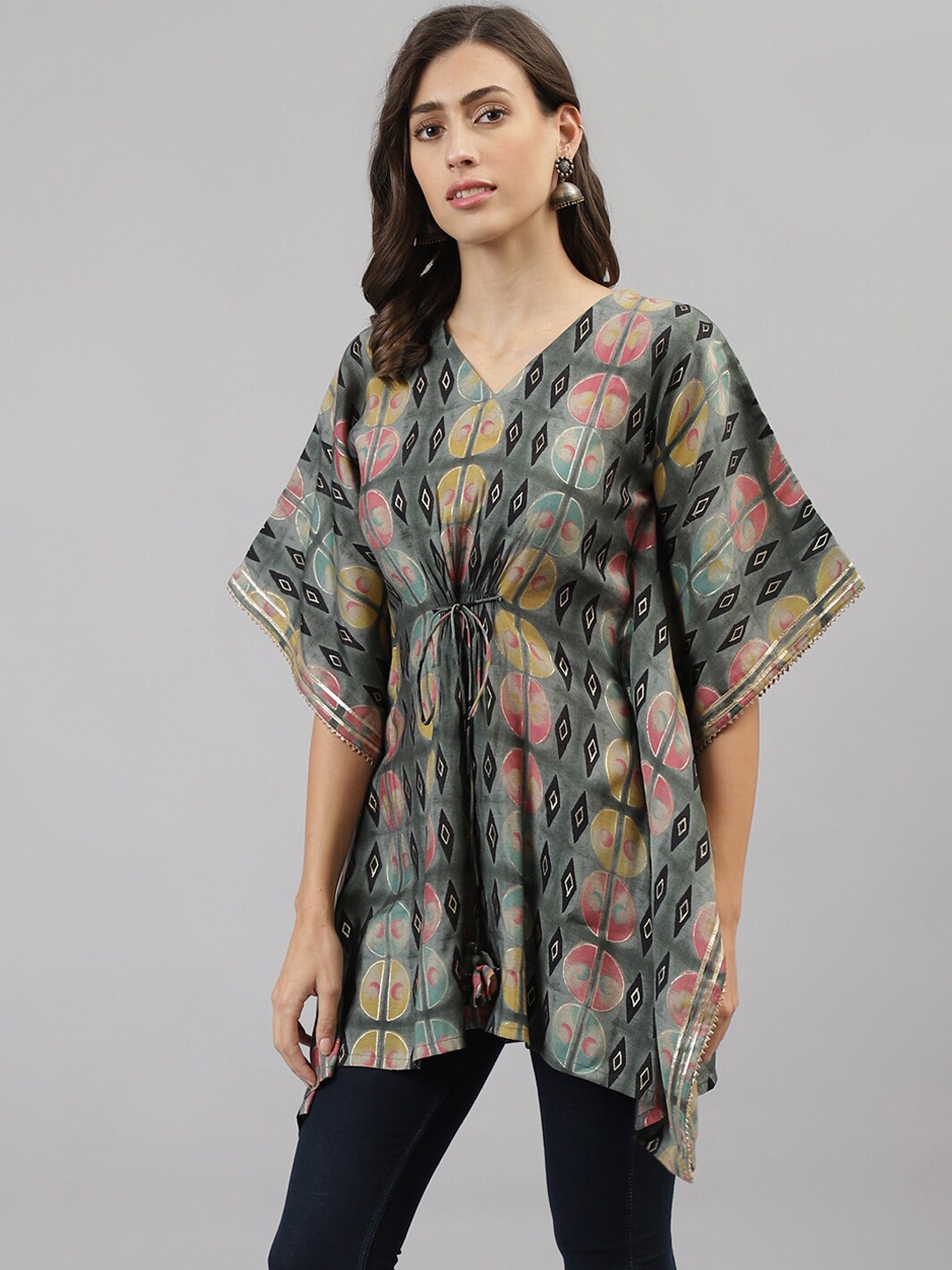 

TANKHI Women Grey & Pink Geometric Print Kaftan Longline Top