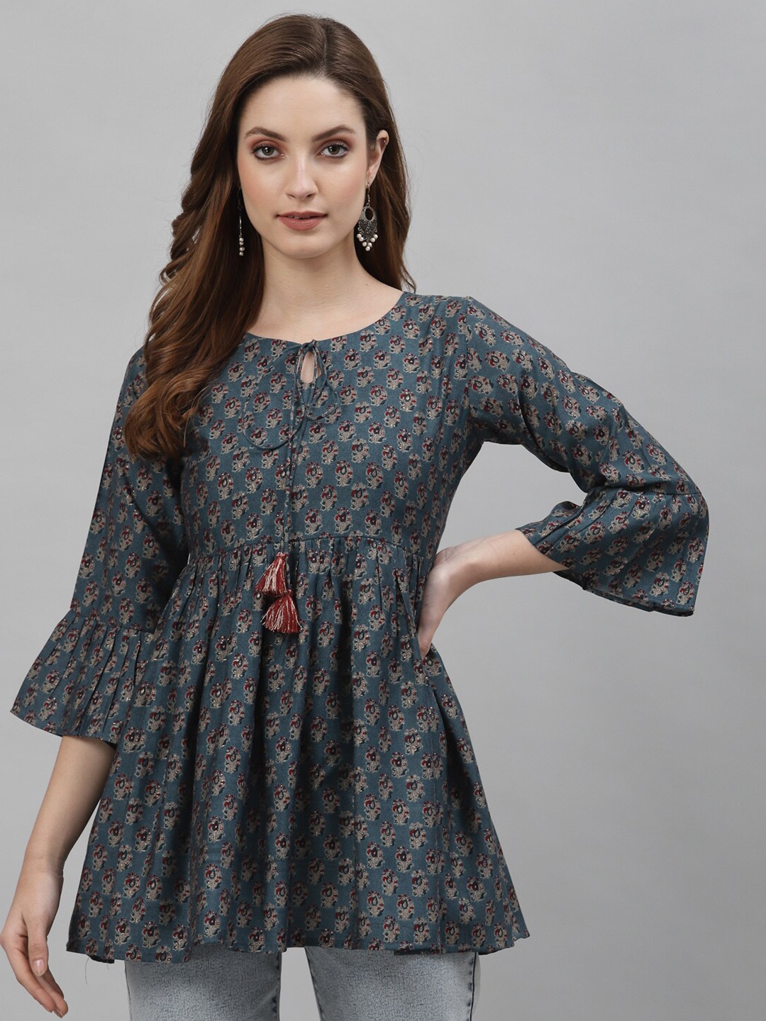 

TANKHI Turquoise Blue & Maroon Modal Printed Tunic
