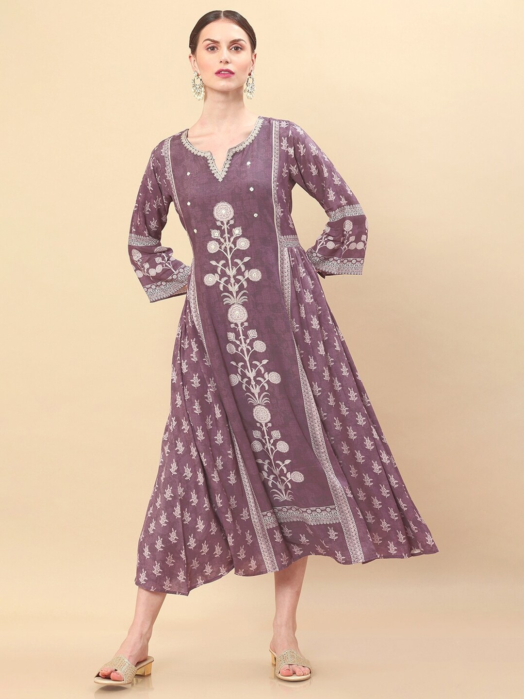 

Soch Women Magenta Floral Printed Modal Ethnic A-Line Midi Dress