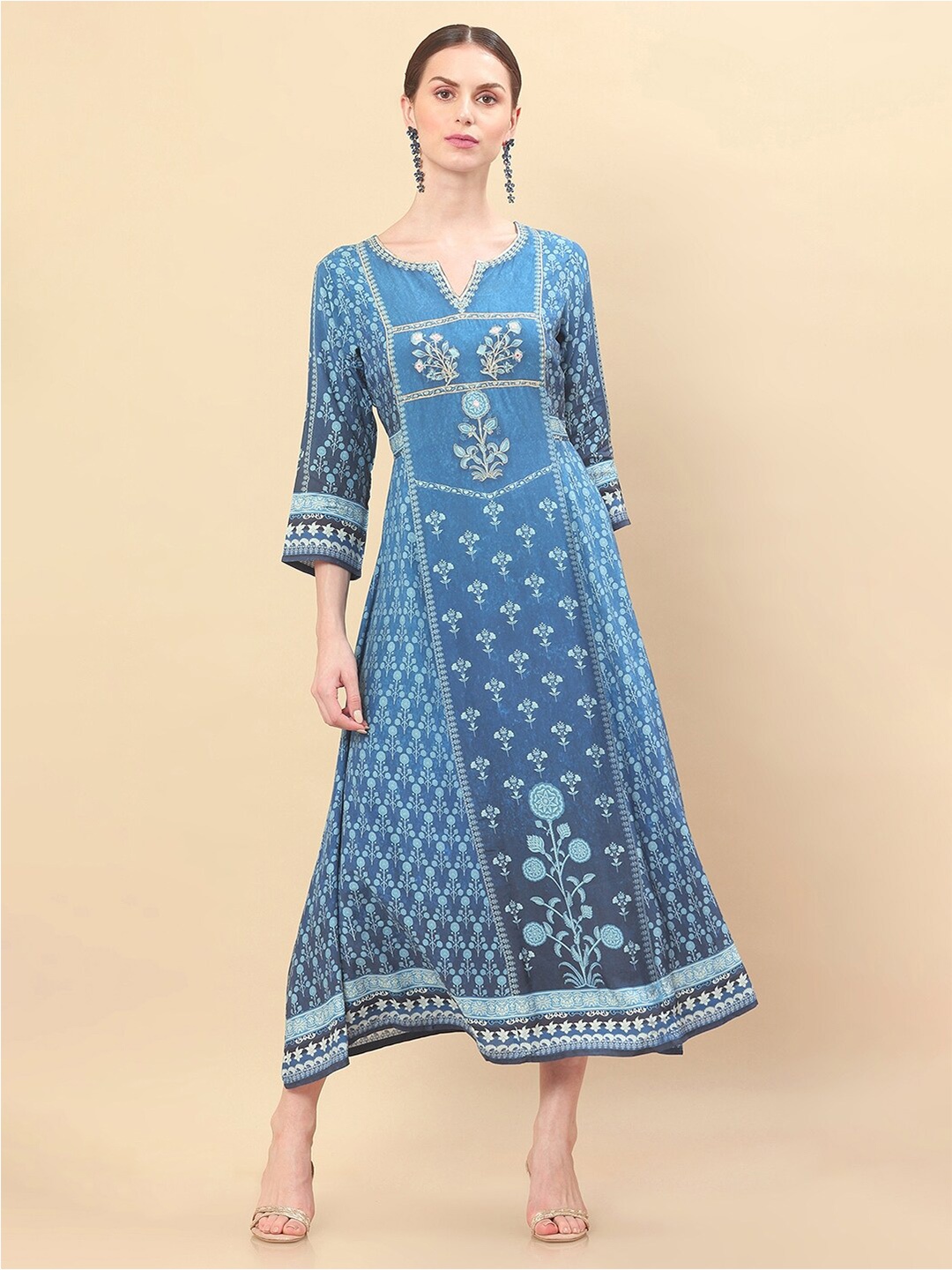 

Soch Women Blue Ethnic Motifs Crepe Ethnic A-Line Maxi Dress