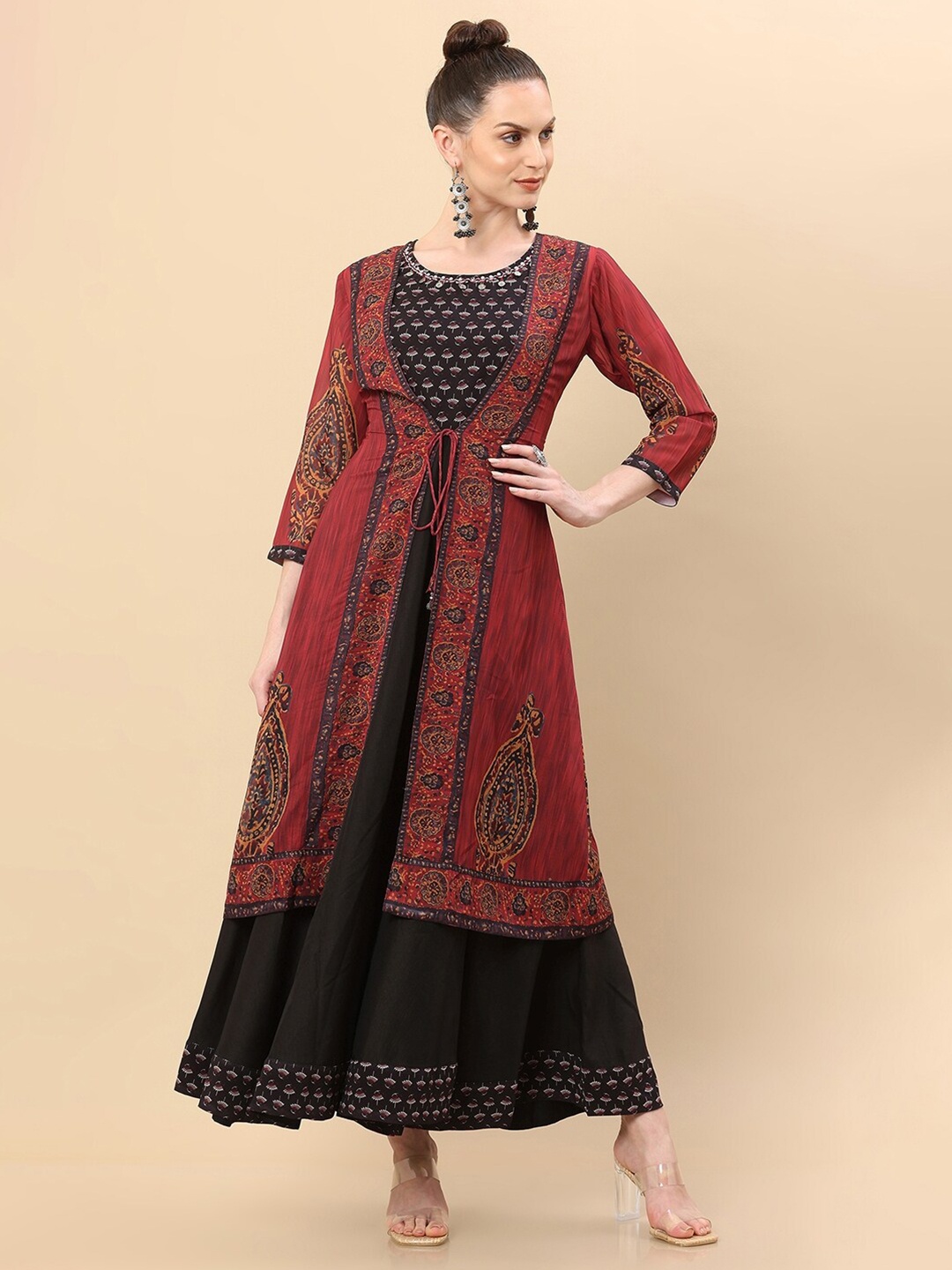 

Soch Women Maroon Ethnic Motifs Georgette Ethnic Maxi Maxi Dress