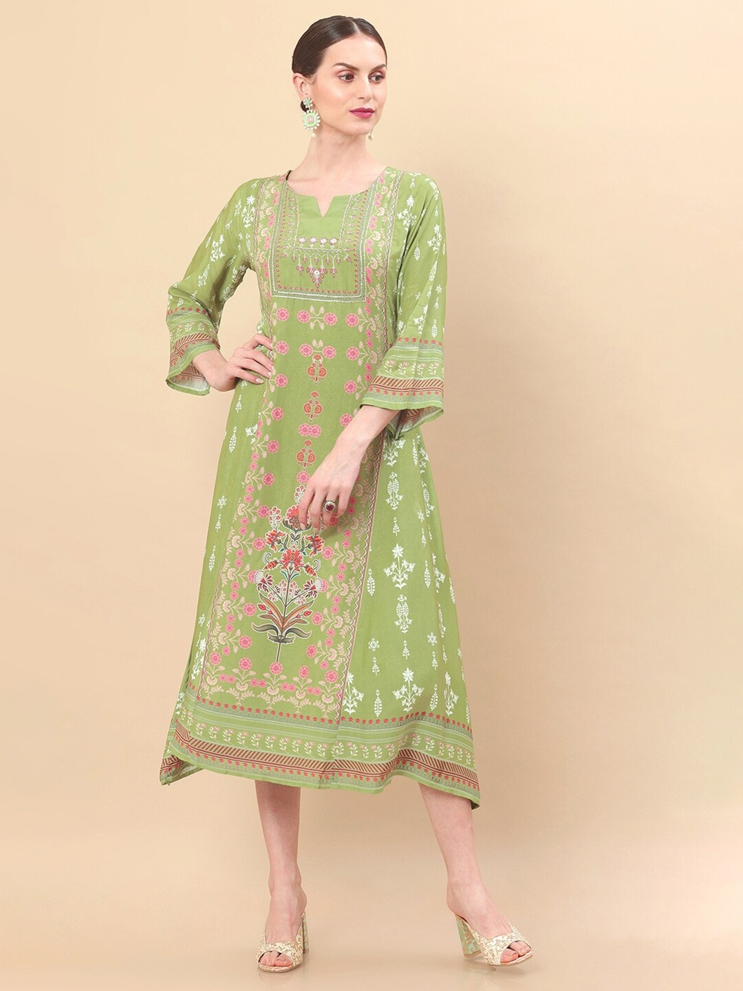 

Soch Women Green & Pink Floral Crepe Ethnic A-Line Dress