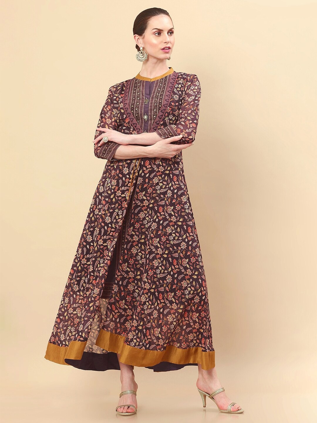

Soch Women Brown & Mustard Yellow Floral Georgette Ethnic A-Line Dress