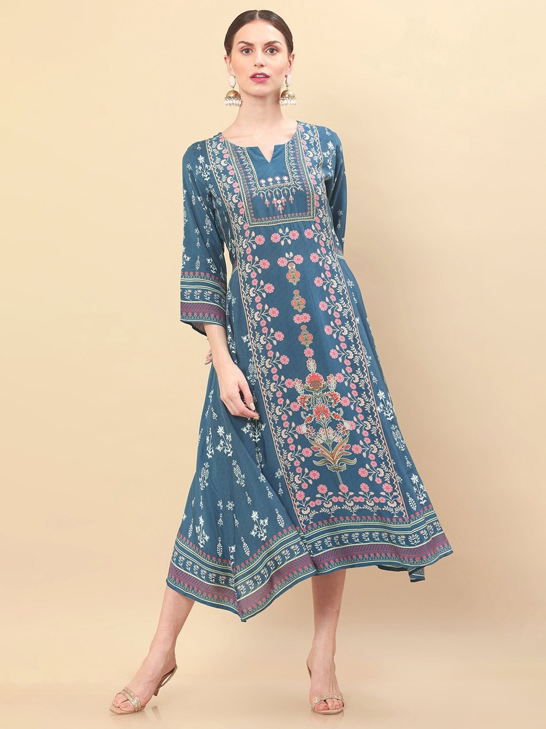 

Soch Turquoise Teal Green Ethnic Motifs Crepe Ethnic A-Line Midi Dress