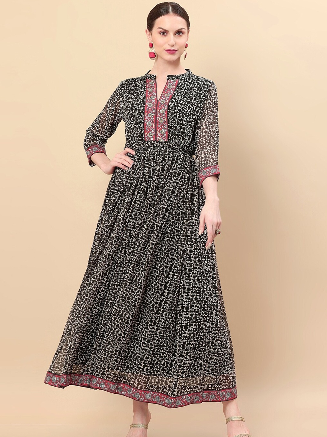 

Soch Black & White Printed Georgette Ethnic Maxi Dress