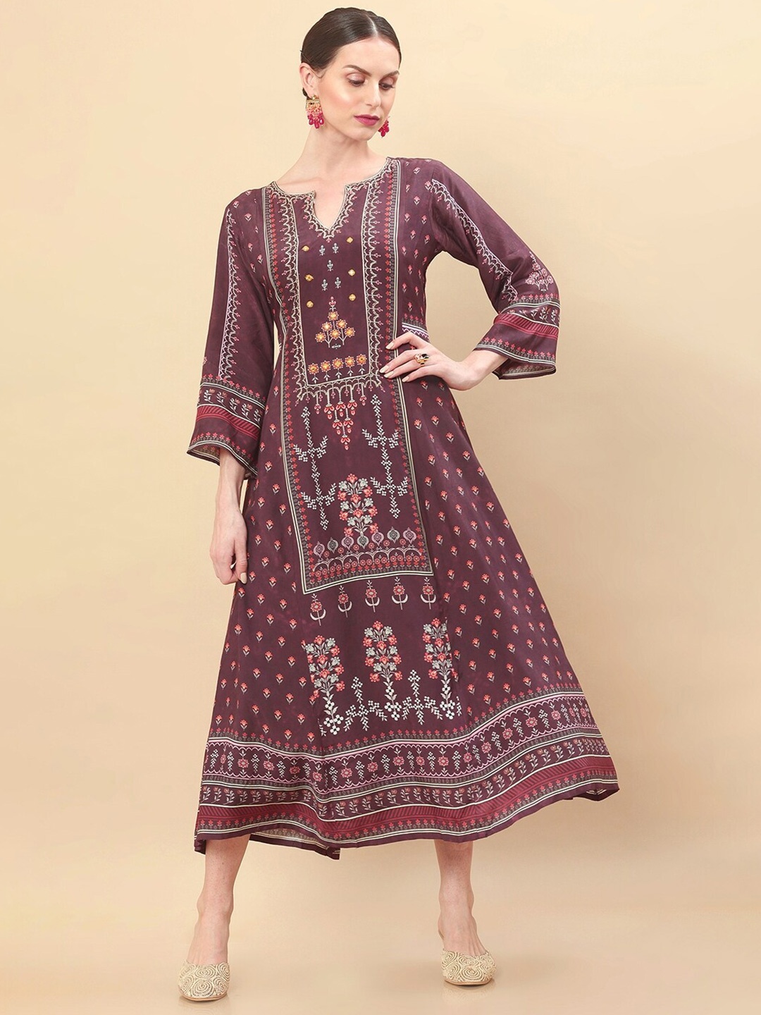 

Soch Maroon Ethnic Motifs Printed Crepe A-Line Midi Ethnic Dress