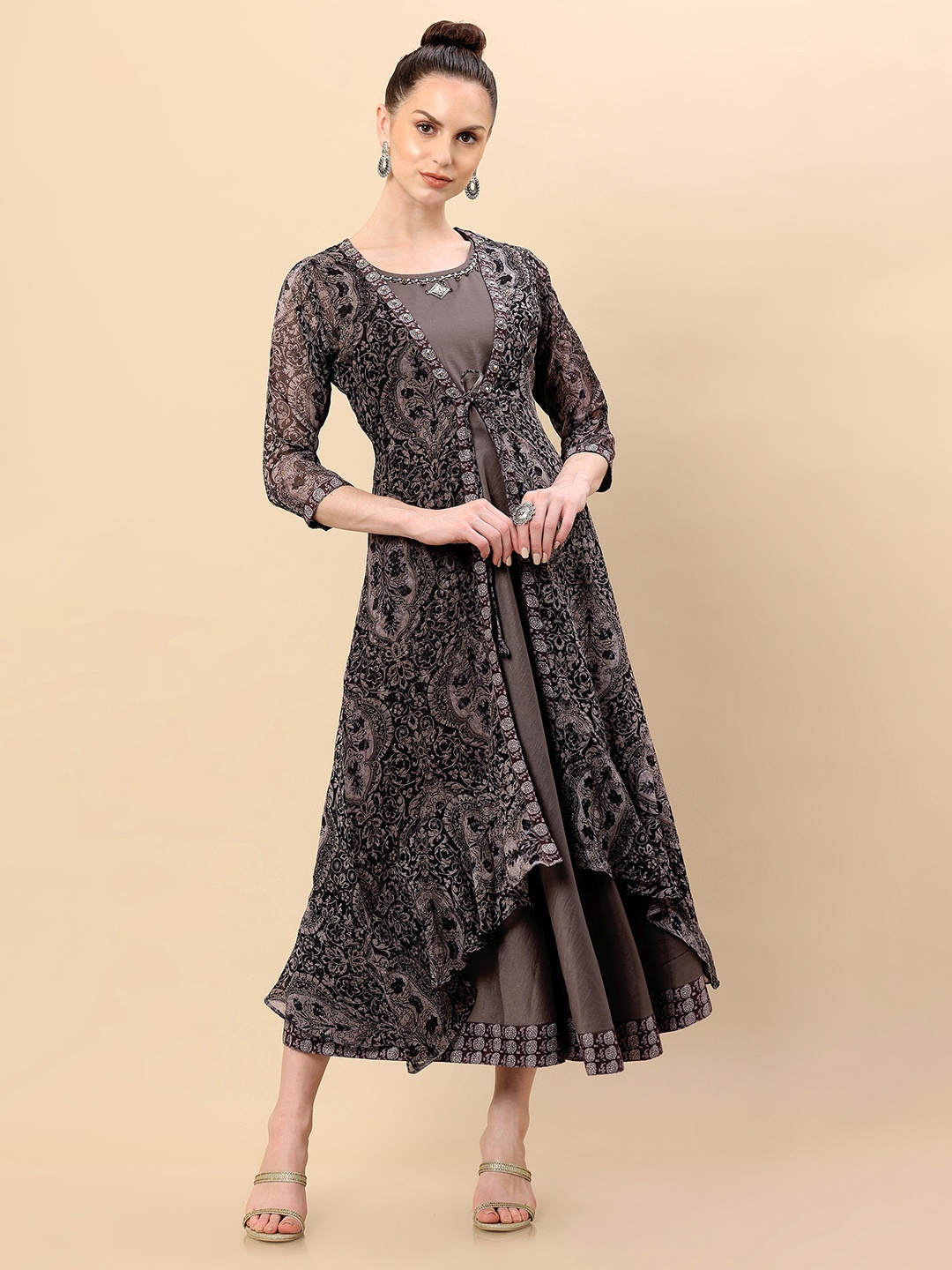 

Soch Grey Ethnic Motifs Georgette Ethnic A-Line Maxi Ethnic Dress