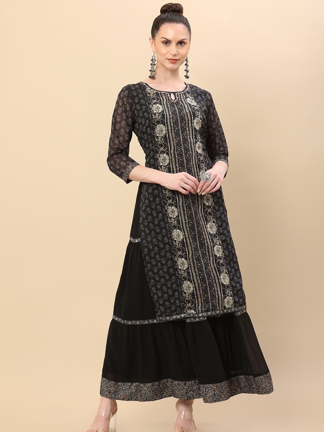 

Soch Black Ethnic Motifs Georgette Ethnic A-Line Dress