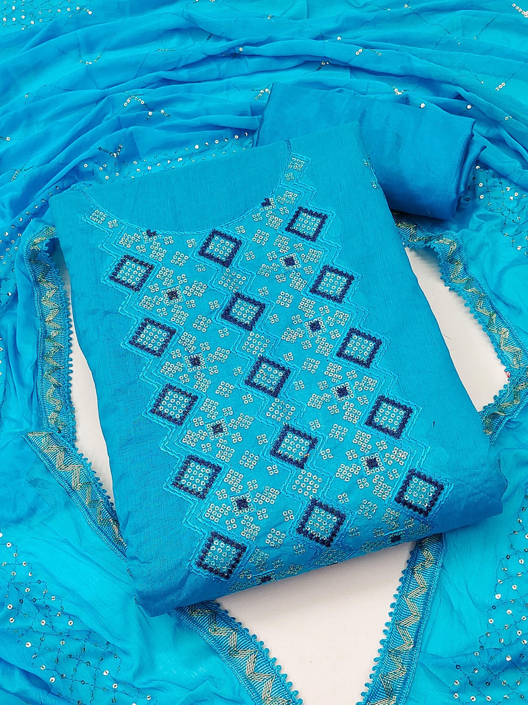 

KALINI Blue & Gold-Toned Embroidered Unstitched Dress Material