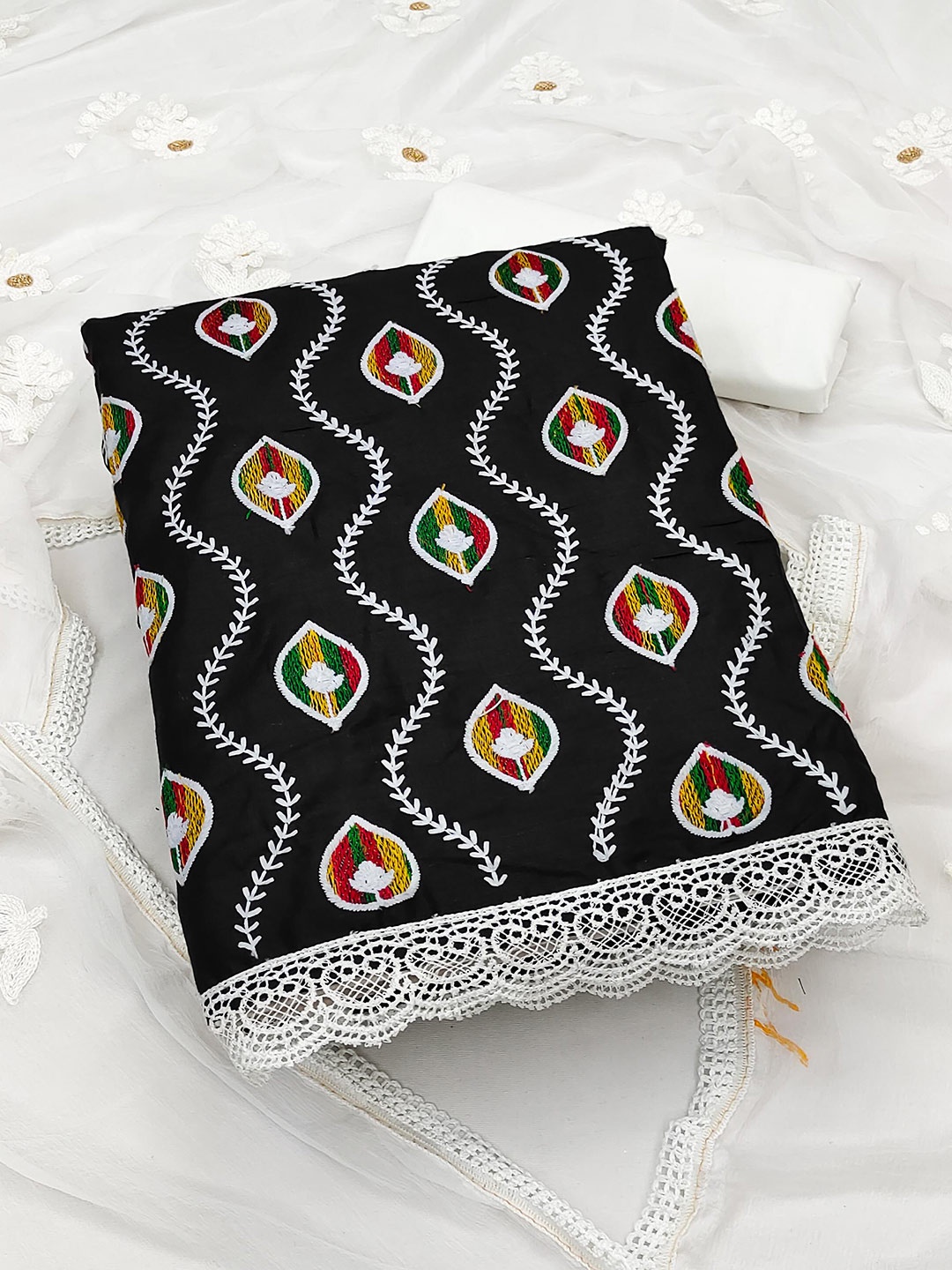 

KALINI Black & White Embroidered Pure Cotton Unstitched Dress Material