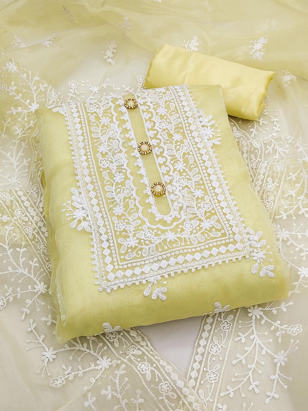 

KALINI Yellow & White Embroidered Organza Unstitched Dress Material