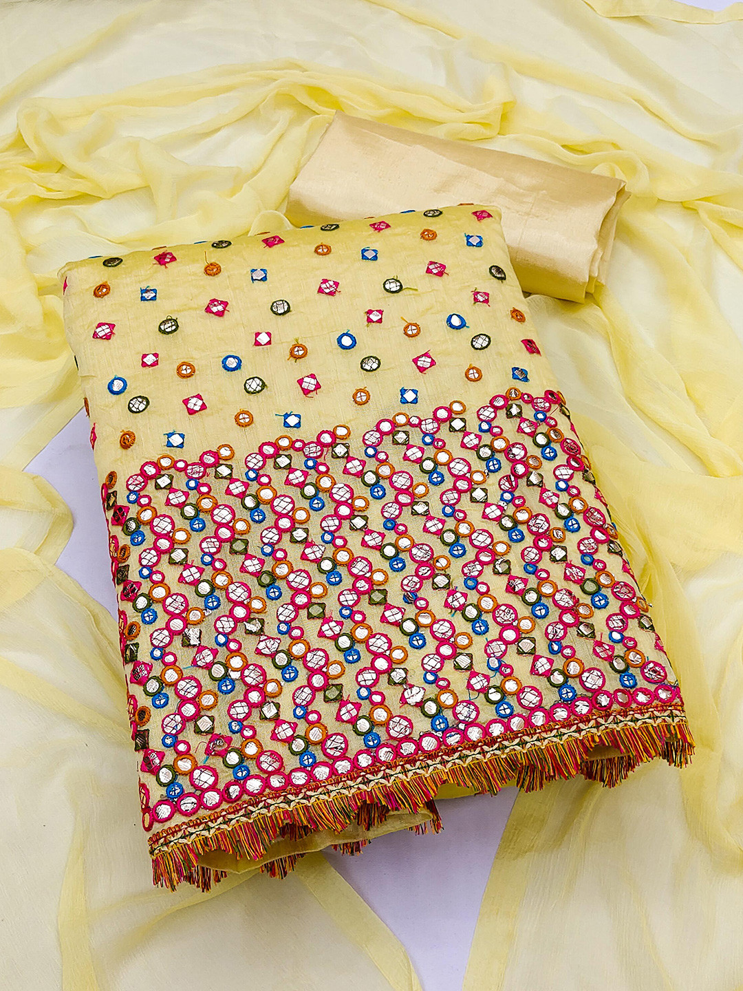 

KALINI Yellow & Red Embellished Unstitched Dress Material