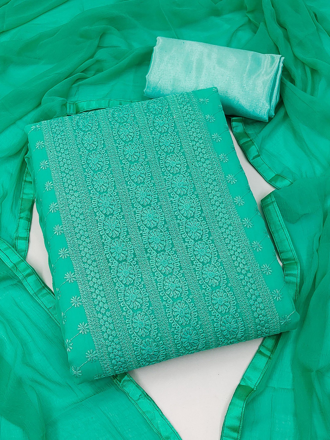 

KALINI Green & Gold-Toned Embroidered Silk Georgette Unstitched Dress Material