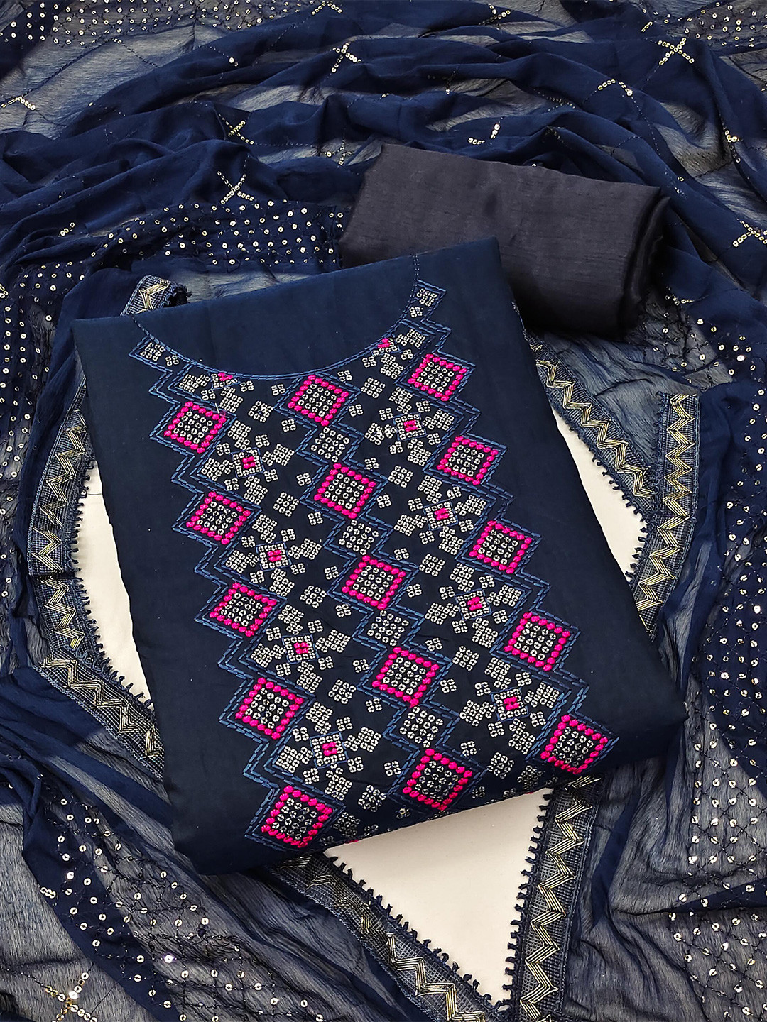 

KALINI Blue & Pink Embroidered Unstitched Dress Material