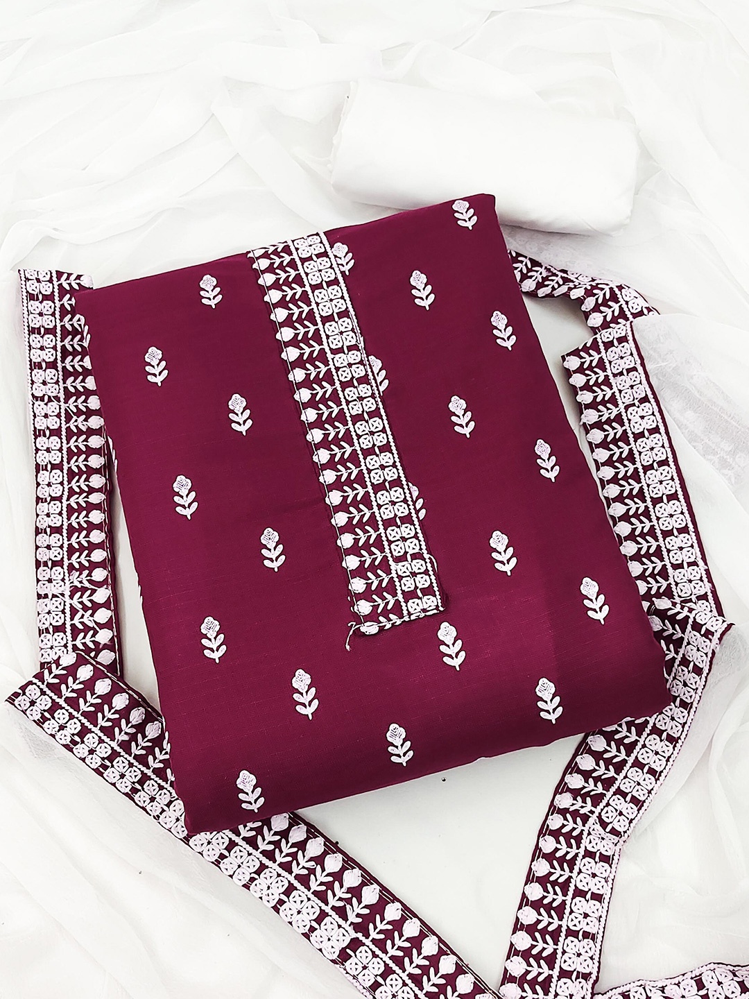 

KALINI Maroon & White Embroidered Unstitched Dress Material