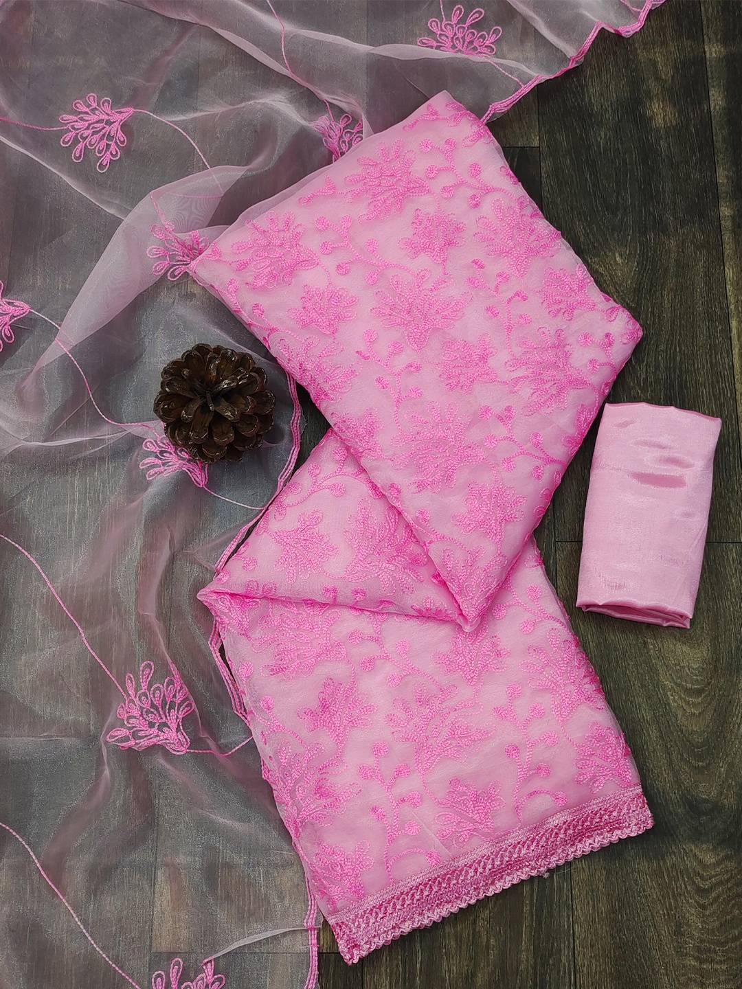 

KALINI Pink Embroidered Organza Unstitched Dress Material