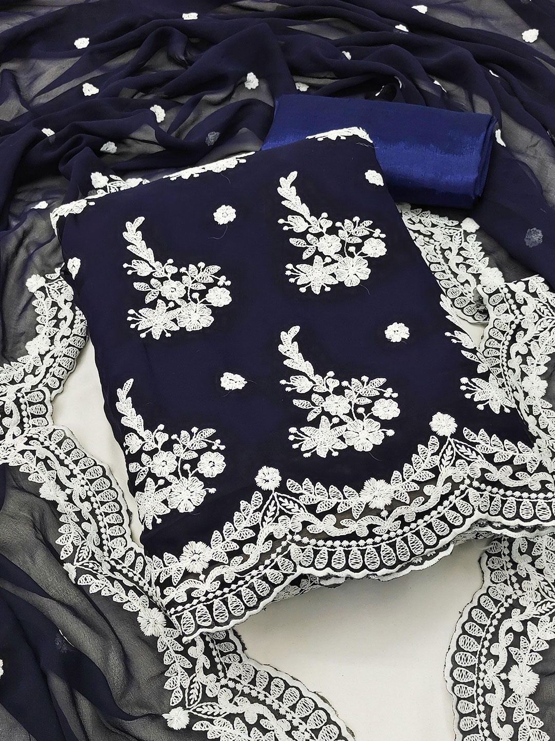 

KALINI Blue & White Embroidered Silk Georgette Unstitched Dress Material